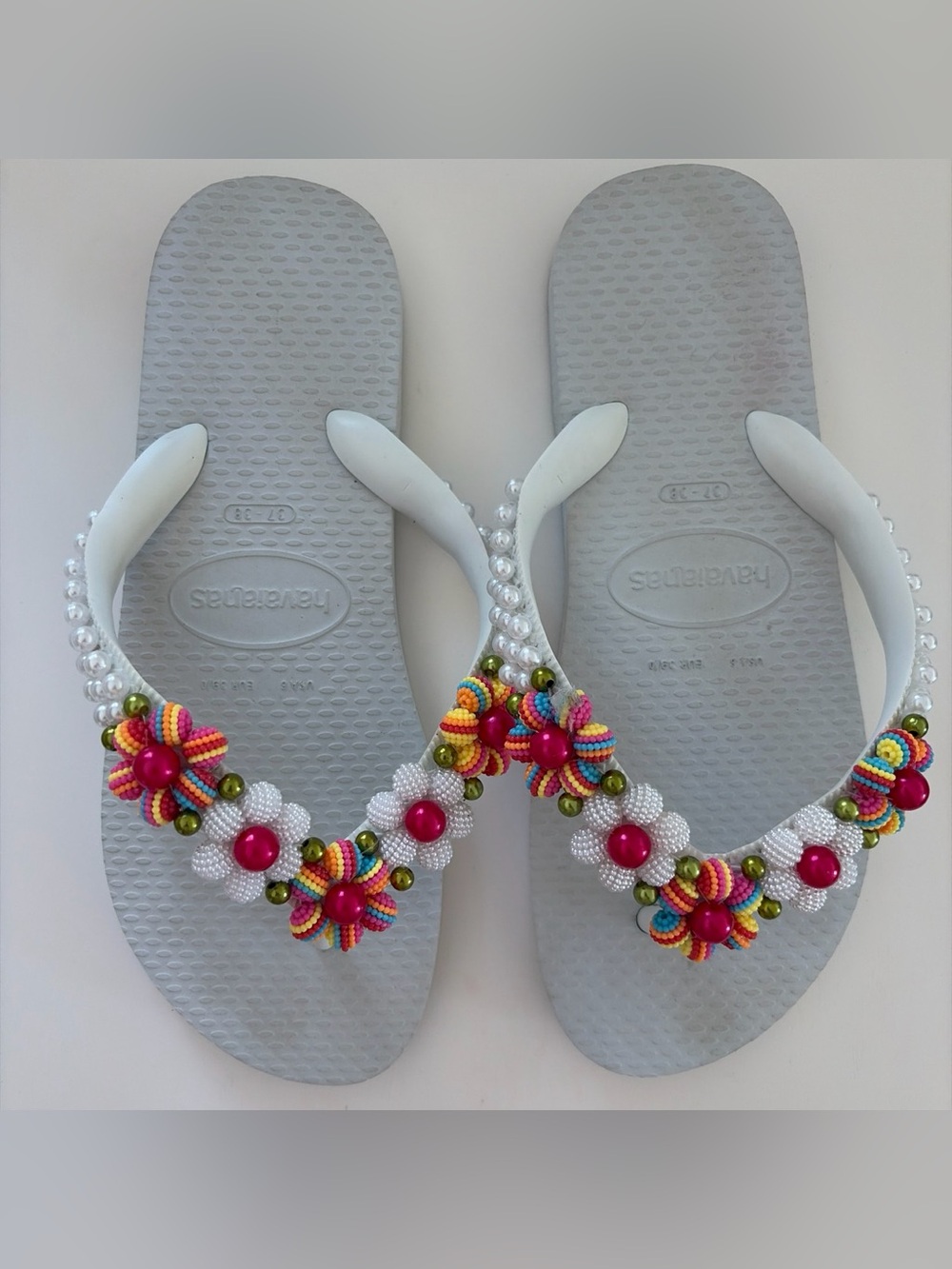 Havaianas White Flip Flops with Multicolor Beaded Flowers